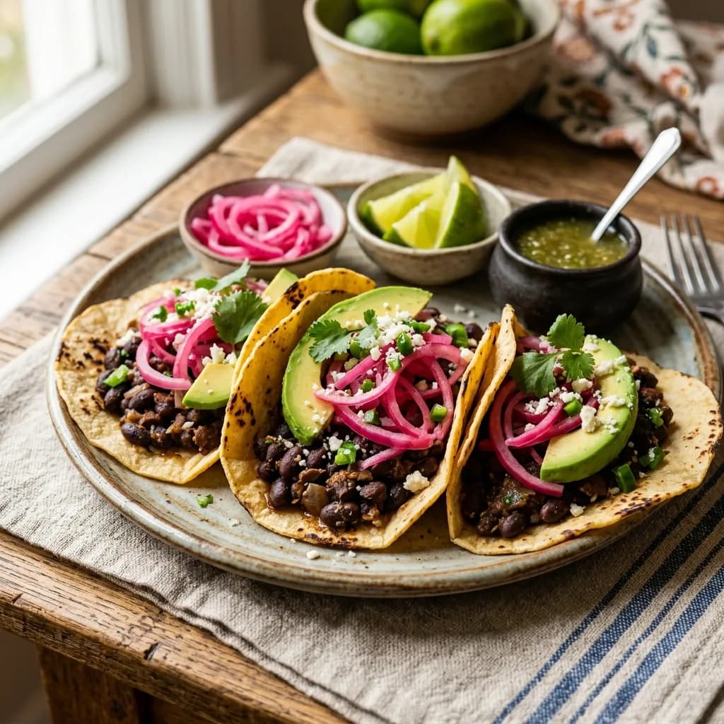 Recipe cover: Black Bean Tacos with Quick-Pickled Onions