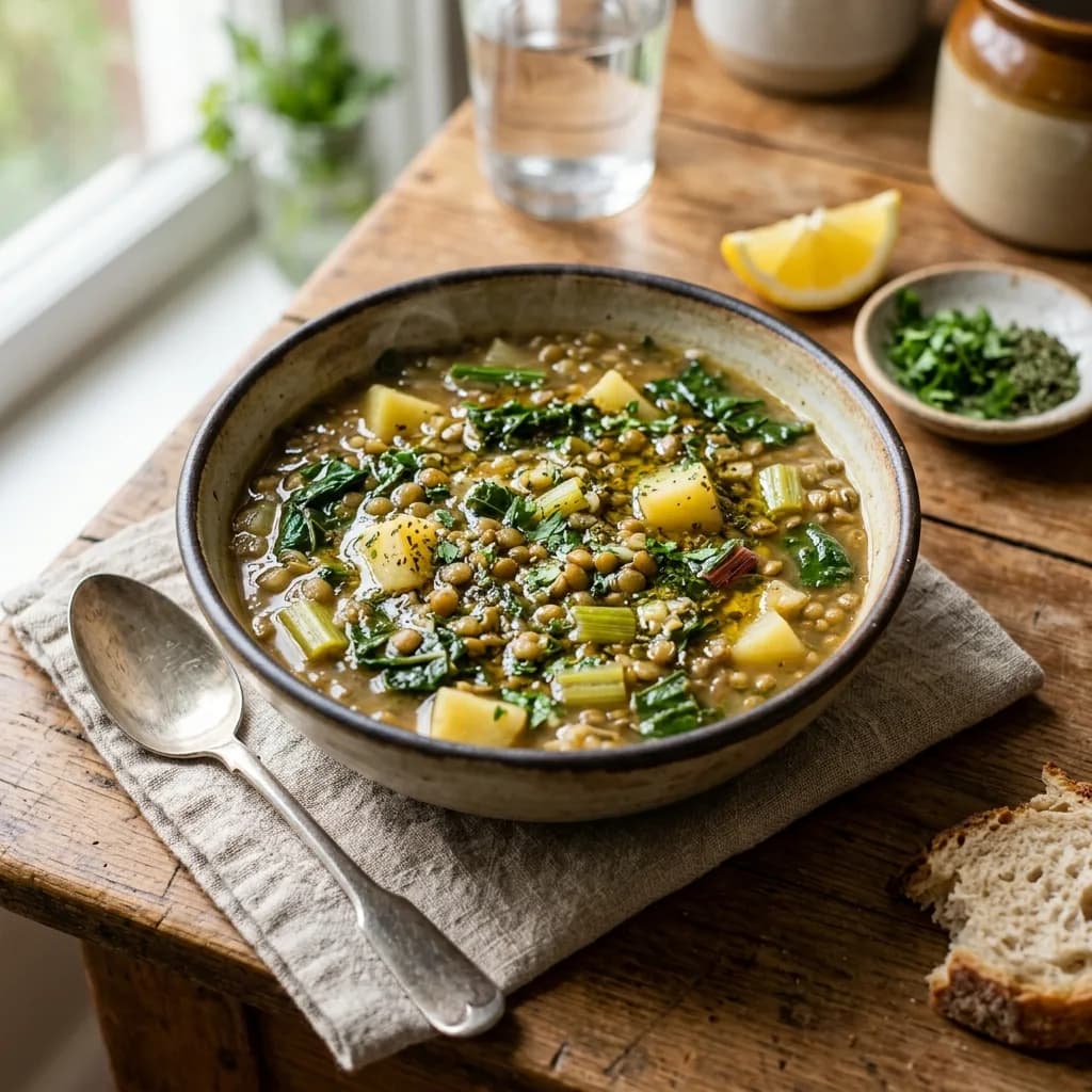 Recipe cover: Lebanese Lentil And Chard Stew With Garlic Lemon Teshwena