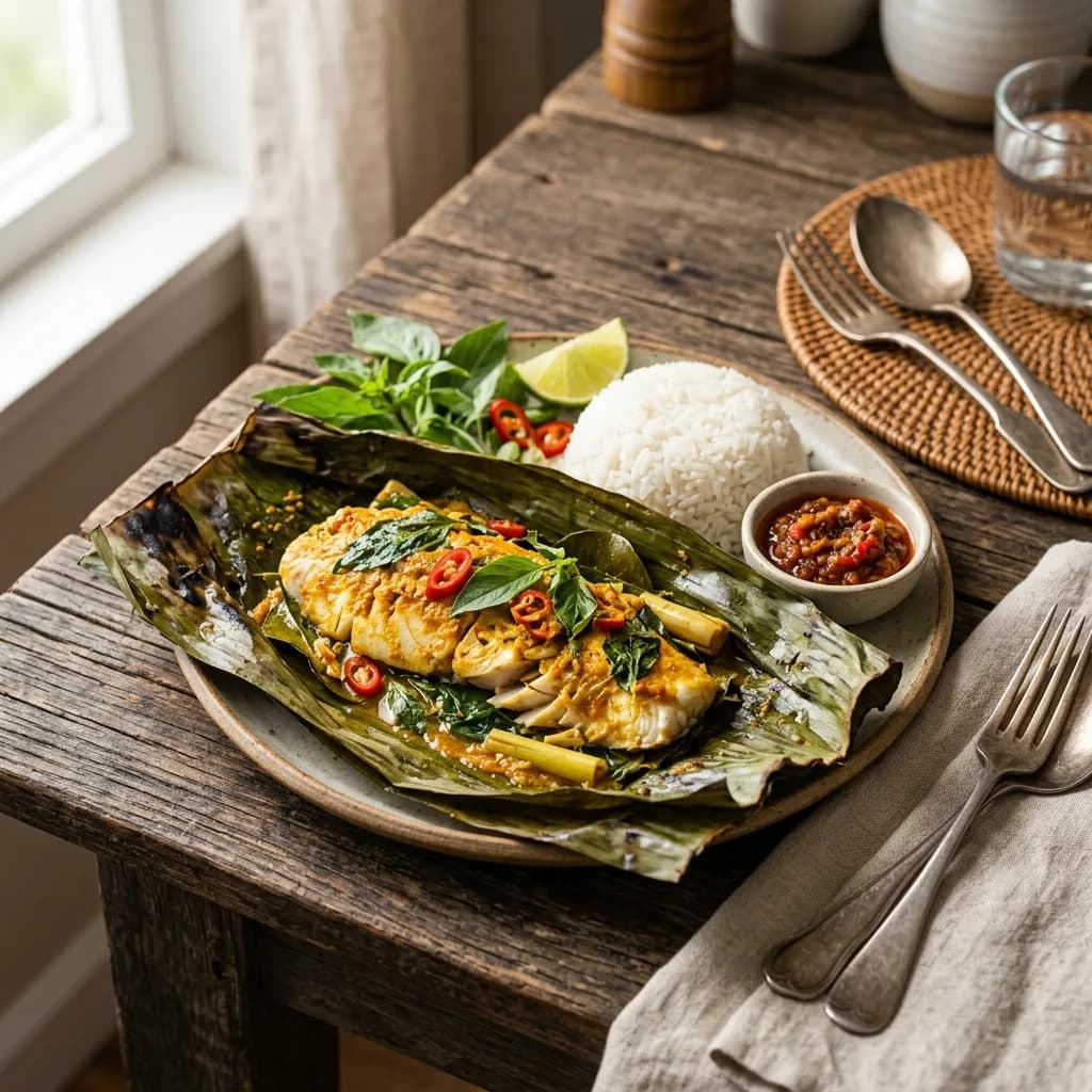 Recipe cover: Pepes Ikan Kemangi (Herb-Steamed Spiced Fish Foil Packets)
