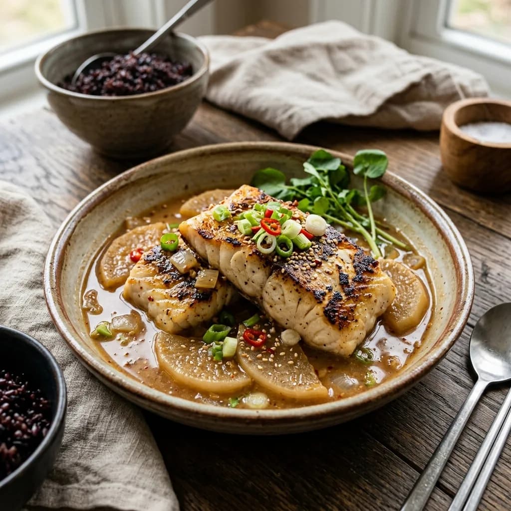 Recipe cover: Korean Doenjang Butter Braised White Fish With Daikon