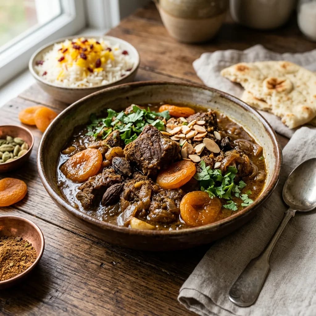 Recipe cover: Afghan Beef Braise With Dried Apricots And Black Cardamom
