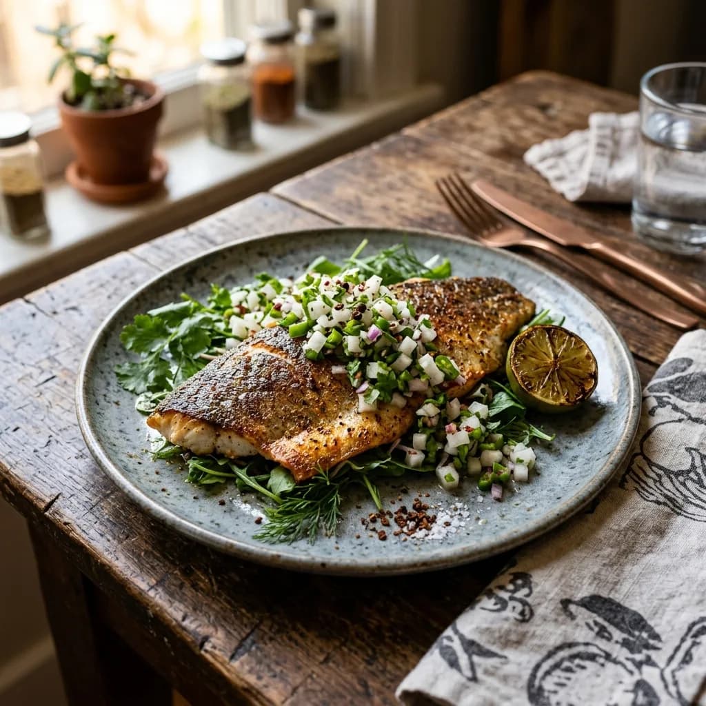 Recipe cover: Pokhara Pan-Seared Trout With Timur Radish Relish