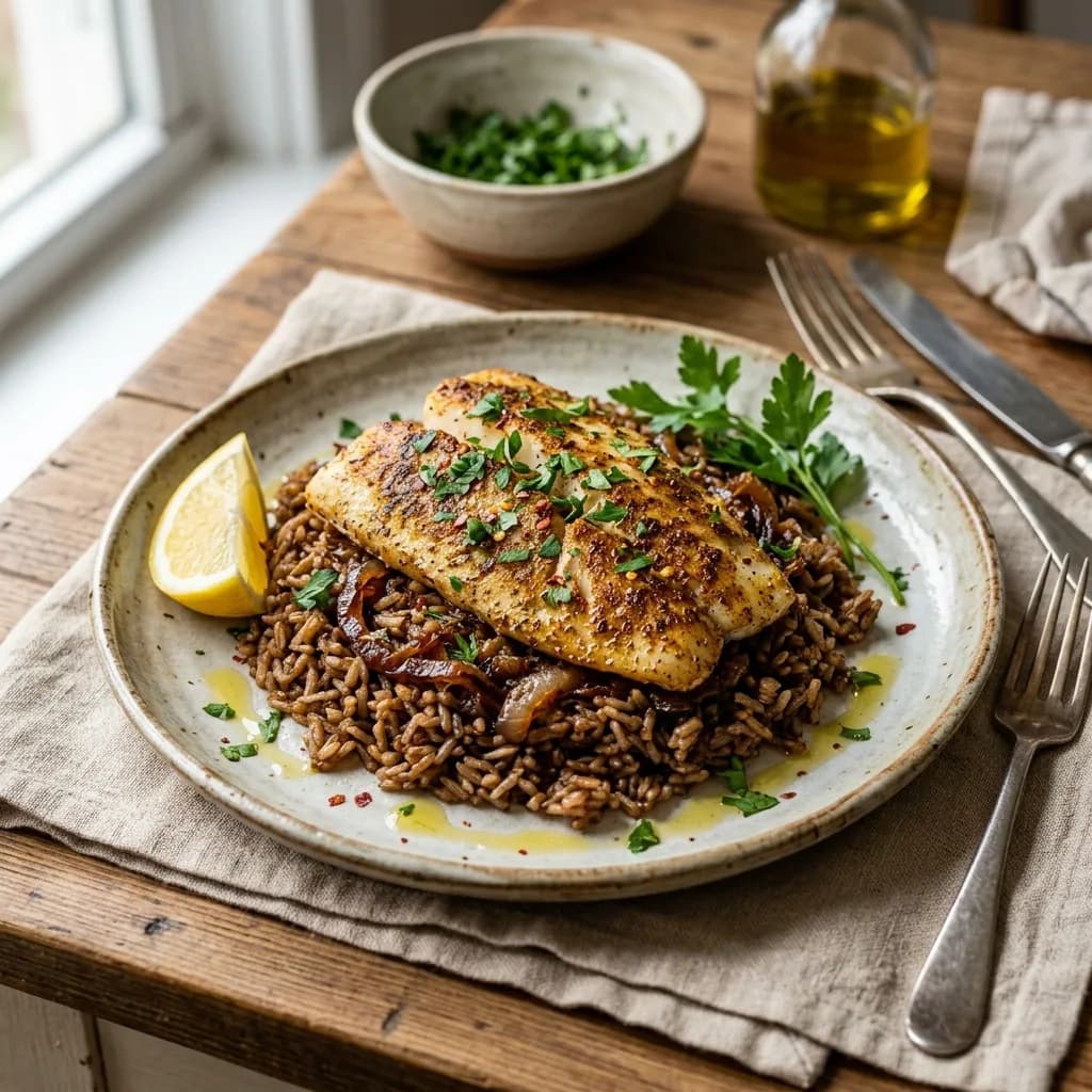 Recipe cover: Lebanese Cumin Crust Fish Fillets Over Caramelized Onion Rice