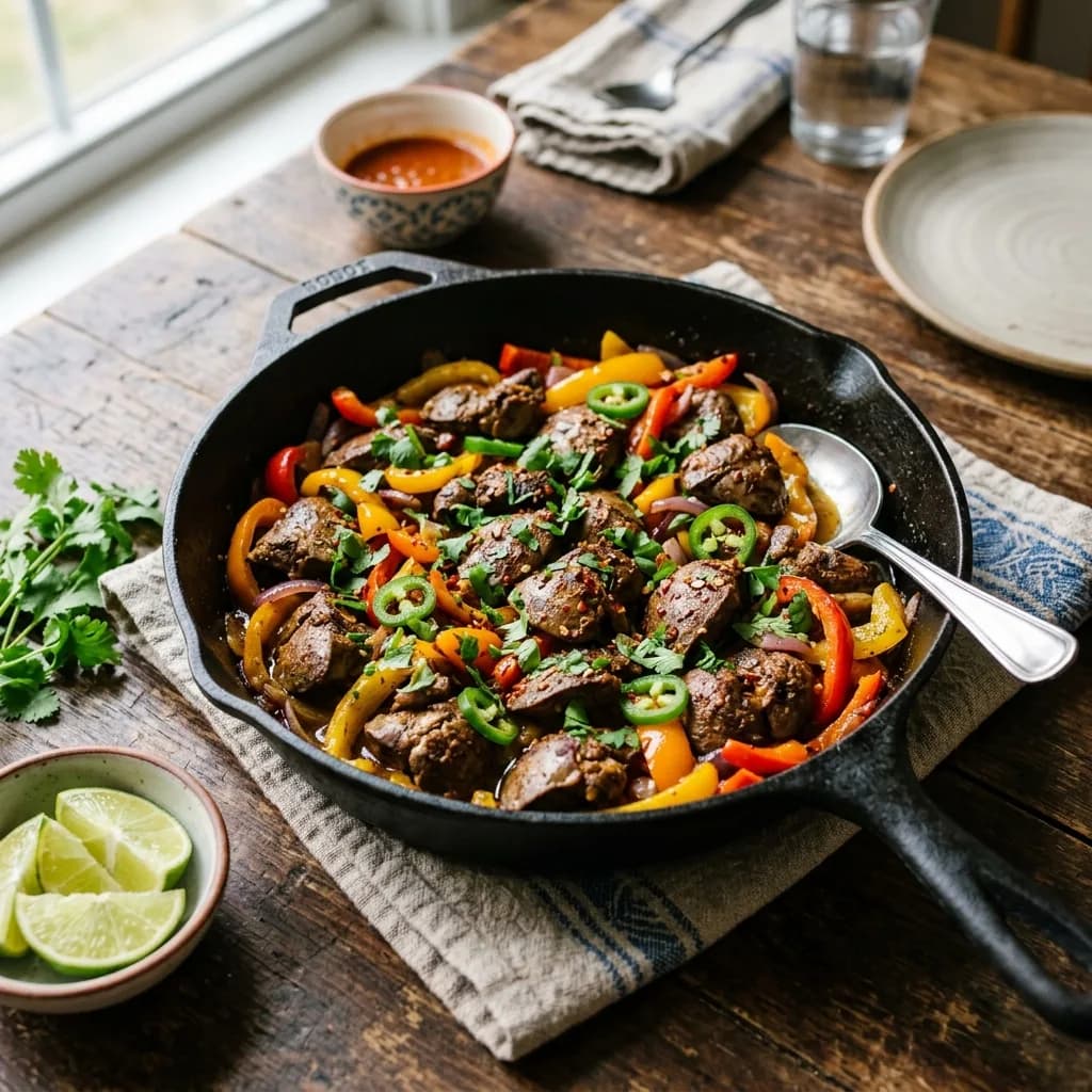 Recipe cover: Somali Spiced Chicken Liver Skillet With Bell Peppers
