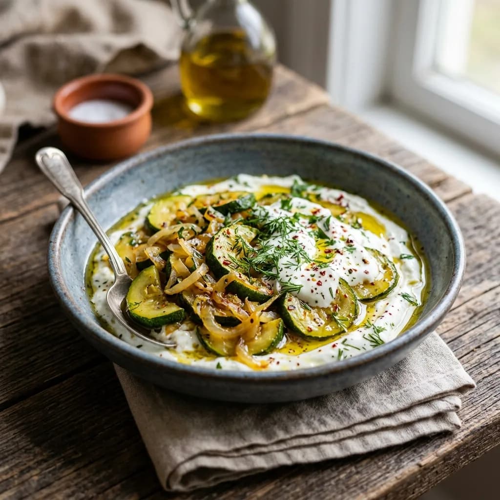 Recipe cover: Turkish Skillet Braised Zucchini With Garlic Yogurt And Dill