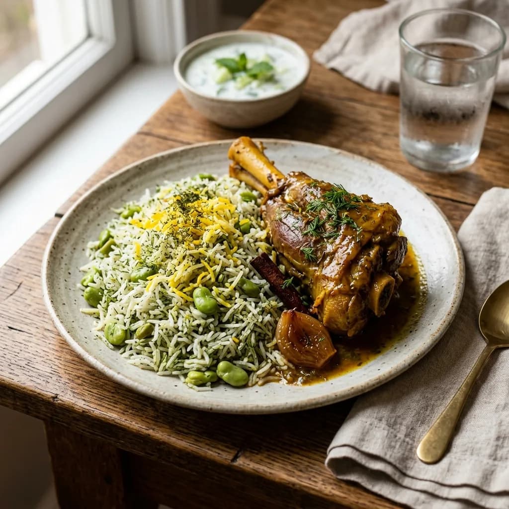 Recipe cover: Iranian Braised Lamb Shank With Dill And Fava Bean Rice