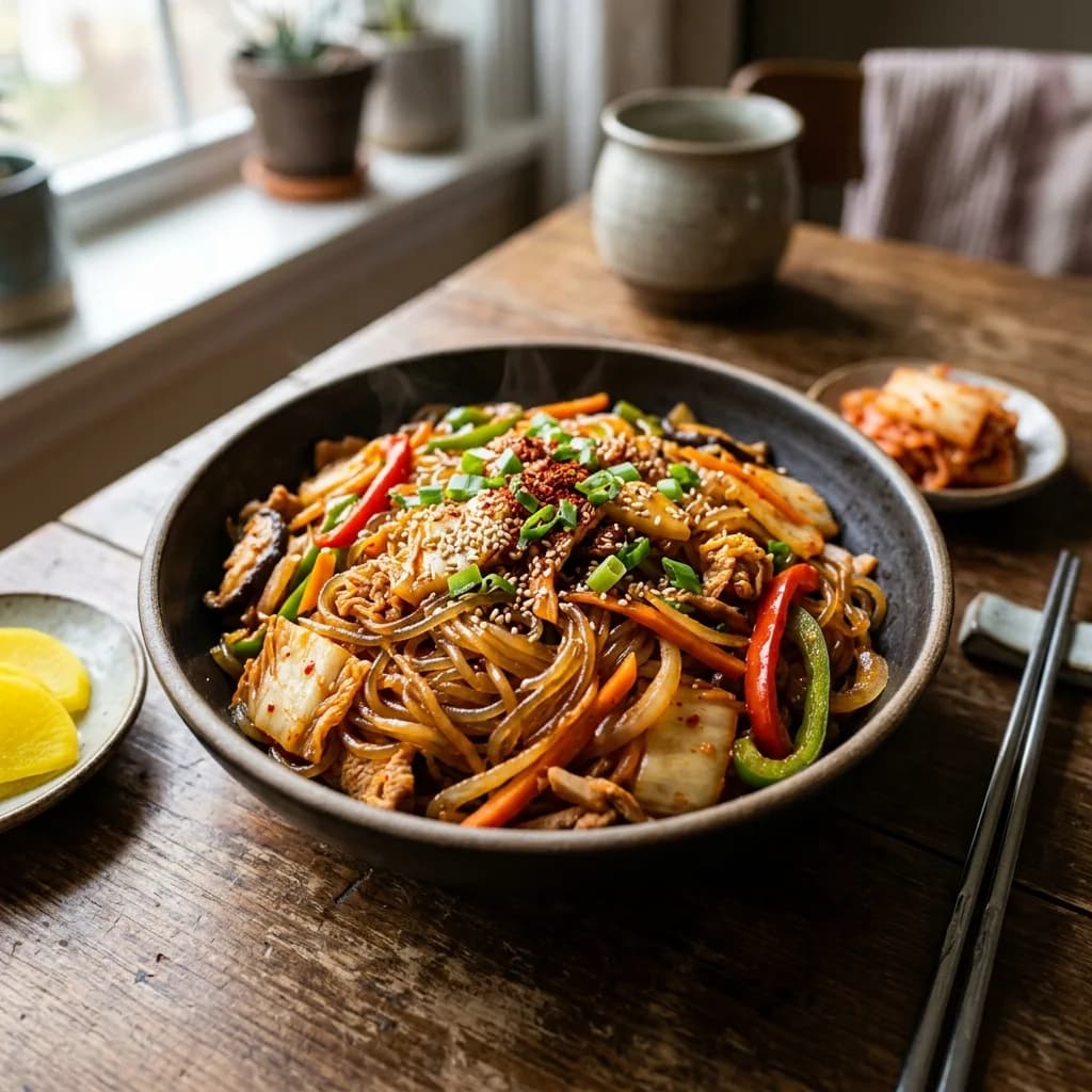 Recipe cover: Spicy Kimchi And Sweet Potato Glass Noodle Stir-Fry