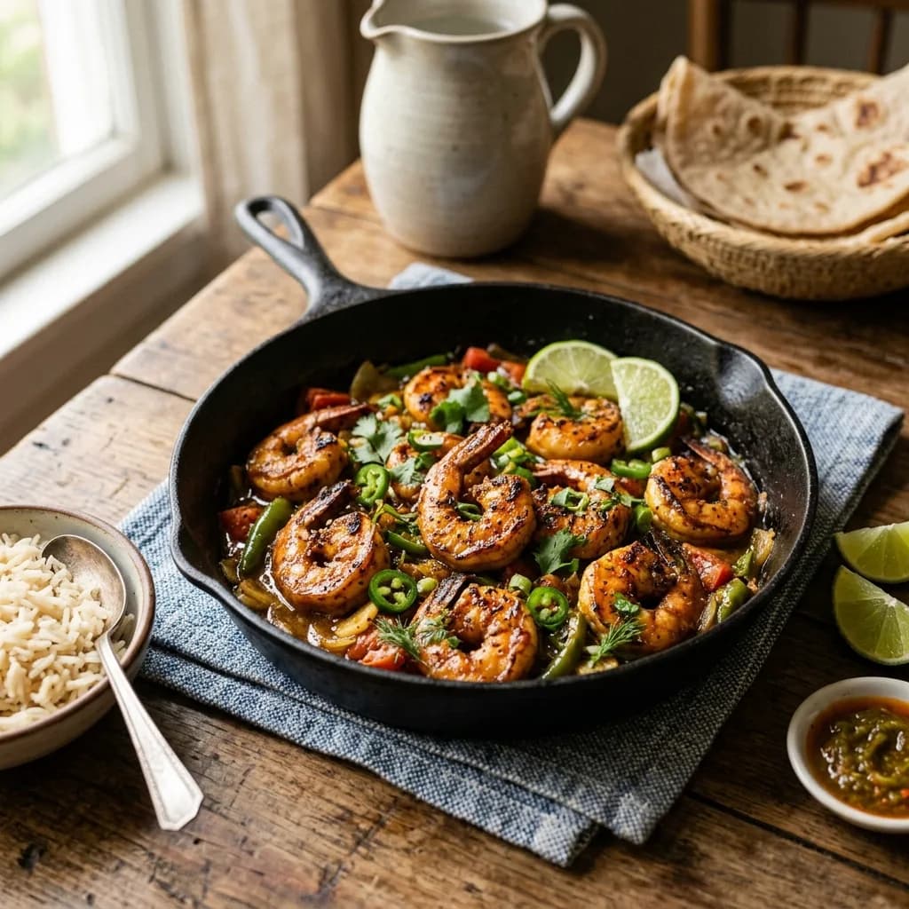 Recipe cover: Somali Tamarind Garlic Shrimp Skillet With Green Chiles
