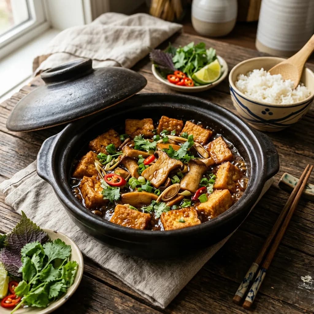 Recipe cover: Vietnamese Claypot Tofu And Braised Mushrooms