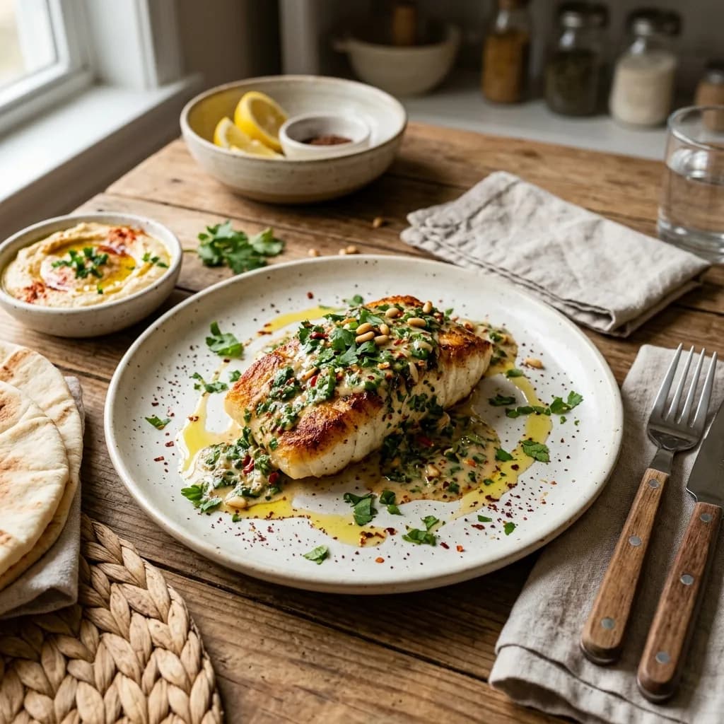 Recipe cover: Lebanese Pan Seared Cod With Spicy Tahini Cilantro Sauce