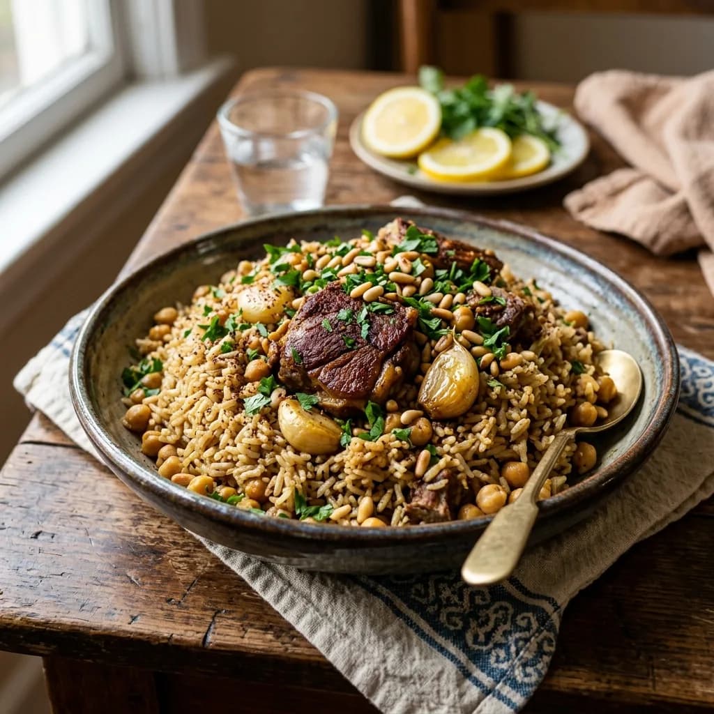 Recipe cover: Hebron Style Garlic Lamb And Chickpea Pilaf