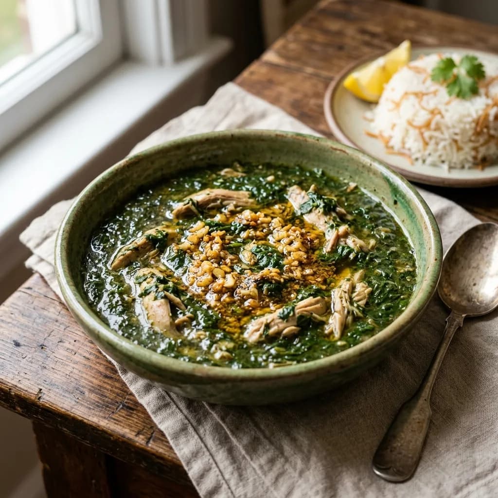 Recipe cover: Egyptian Garlic Coriander Chicken Molokhia Stew