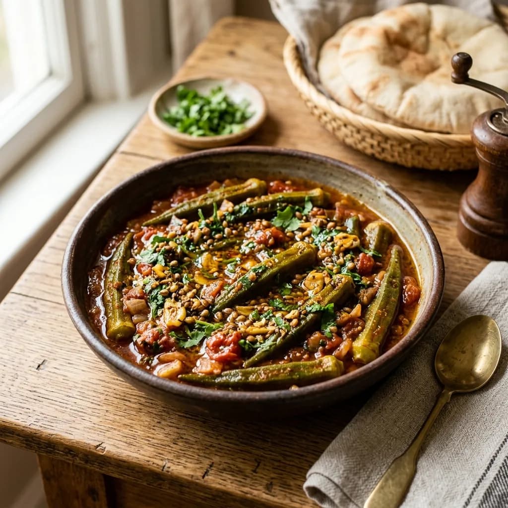 Recipe cover: Egyptian Garlic Tasha Braised Okra With Stewed Tomatoes