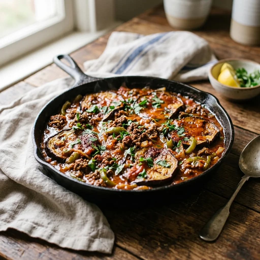 Recipe cover: Egyptian Spiced Beef And Eggplant Mesakaa Skillet