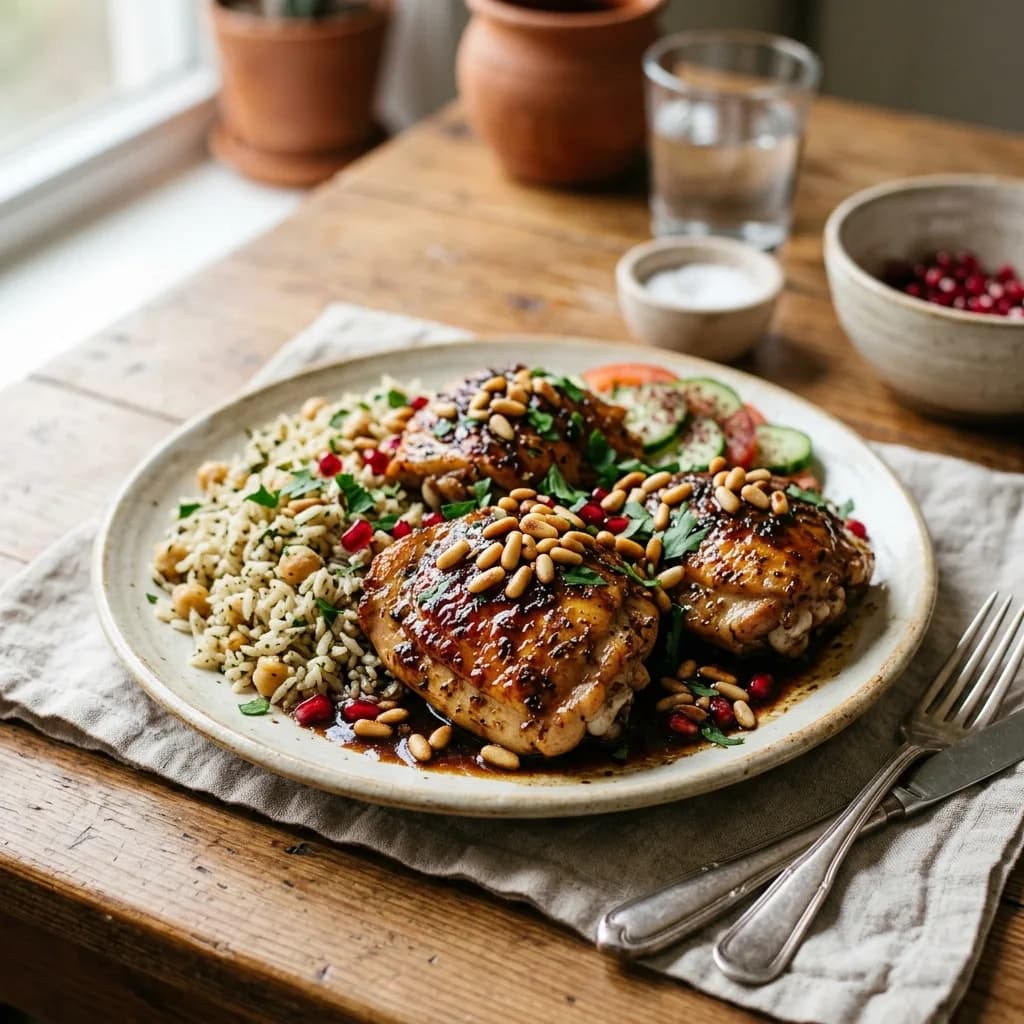 Recipe cover: Turkish Seared Chicken Thighs With Pomegranate Molasses And Pine Nuts