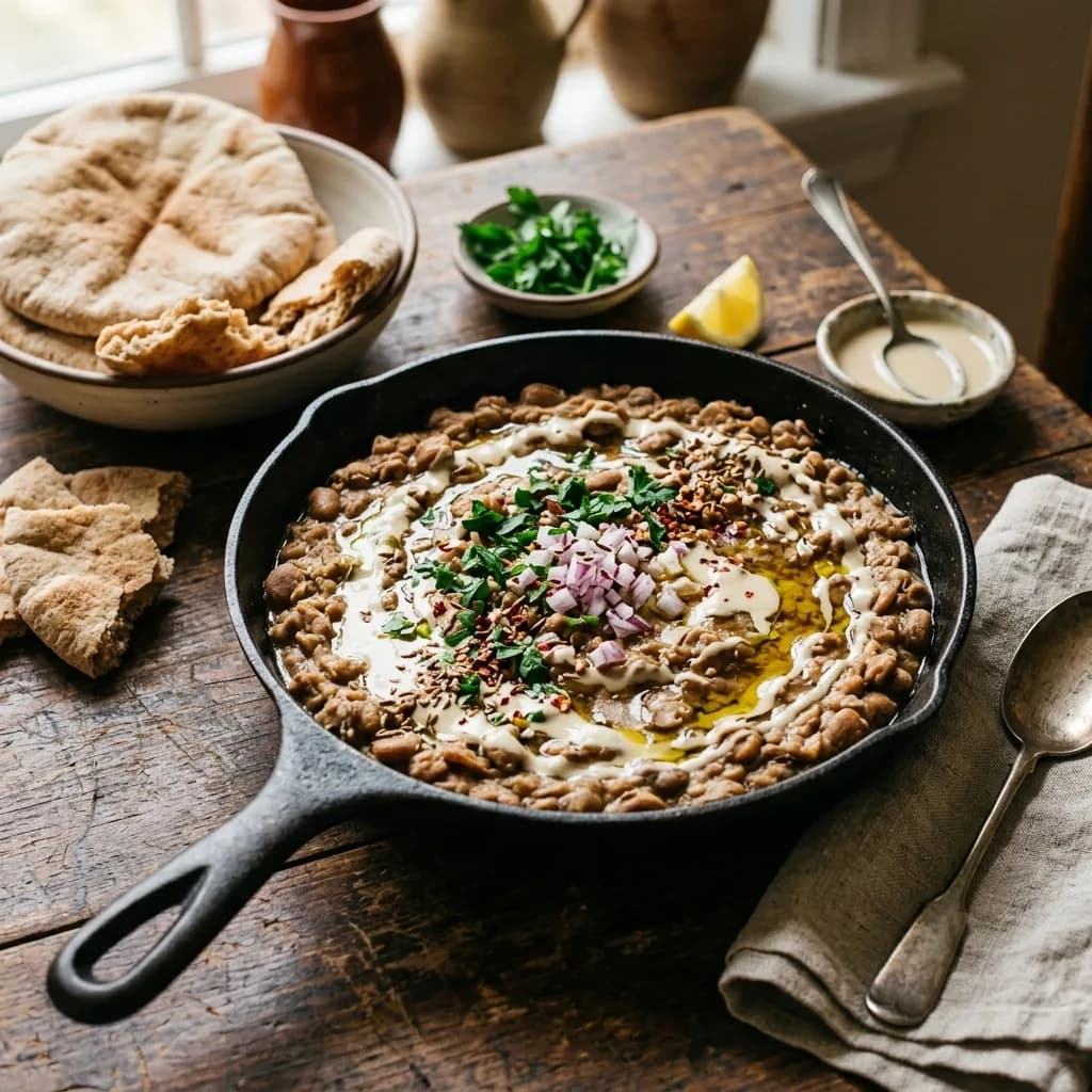 Recipe cover: Egyptian Mashed Fava Bean Skillet With Lemon Cumin Tahini