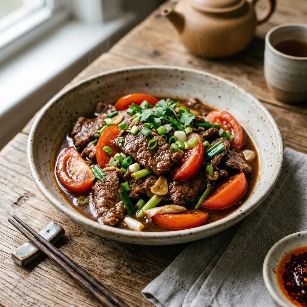 Recipe cover: Cantonese Savory Tomato And Beef Stir-Fry