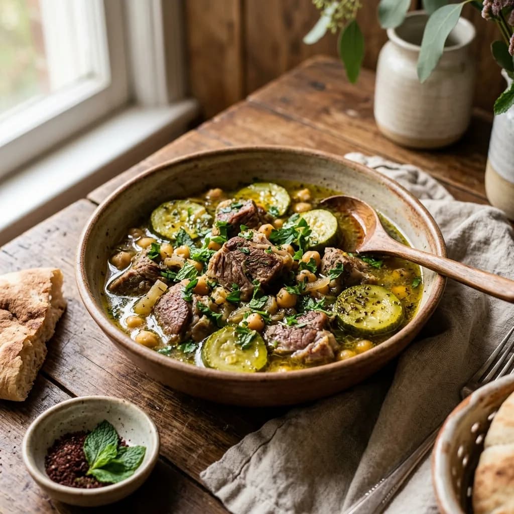 Recipe cover: Palestinian Lemon And Mint Stewed Lamb With Zucchini