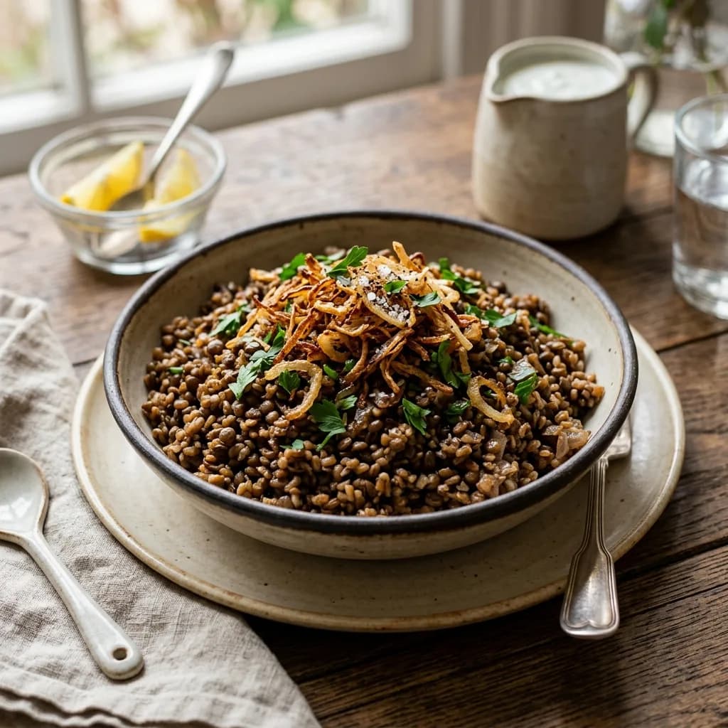 Recipe cover: Lebanese Caramelized Onion Bulgur Pilaf With Crispy Shallots
