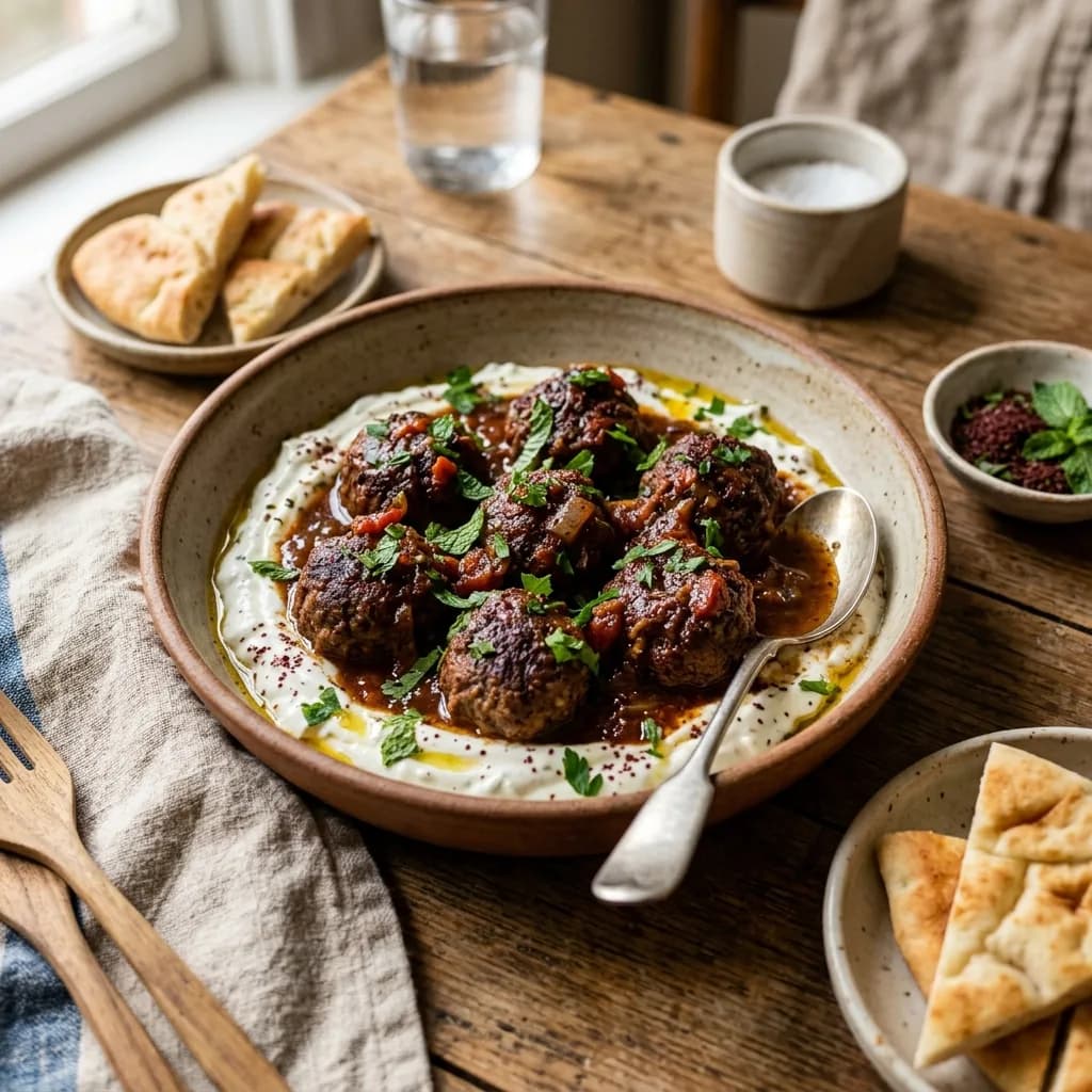 Recipe cover: Turkish Sumac Braised Lamb Köfte With Minted Garlic Yogurt