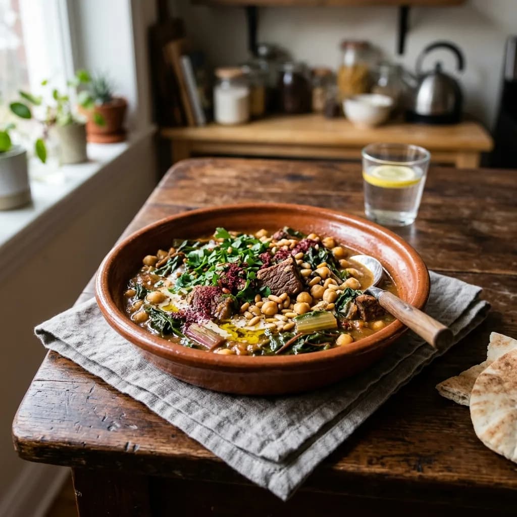 Recipe cover: Palestinian Sumac Beef And Chard Stew With Chickpeas