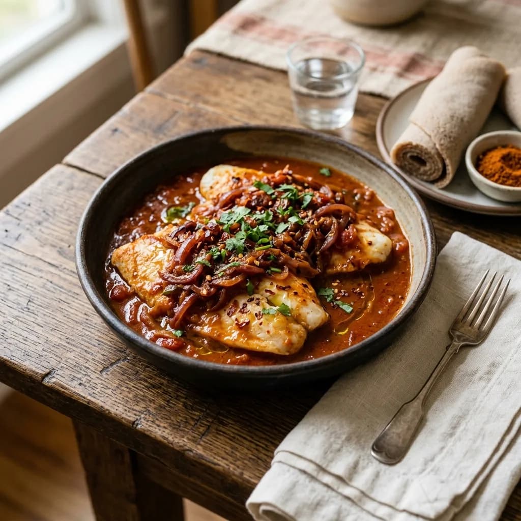 Recipe cover: Ethiopian Berbere Fish Braise With Caramelized Red Onions