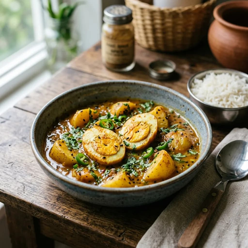 Recipe cover: Bengali Nigella Seed Egg Curry With Potatoes