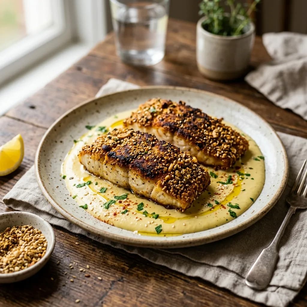 Recipe cover: Egyptian Dukkah Crusted Fish Fillets With Lemon Tahini Sauce