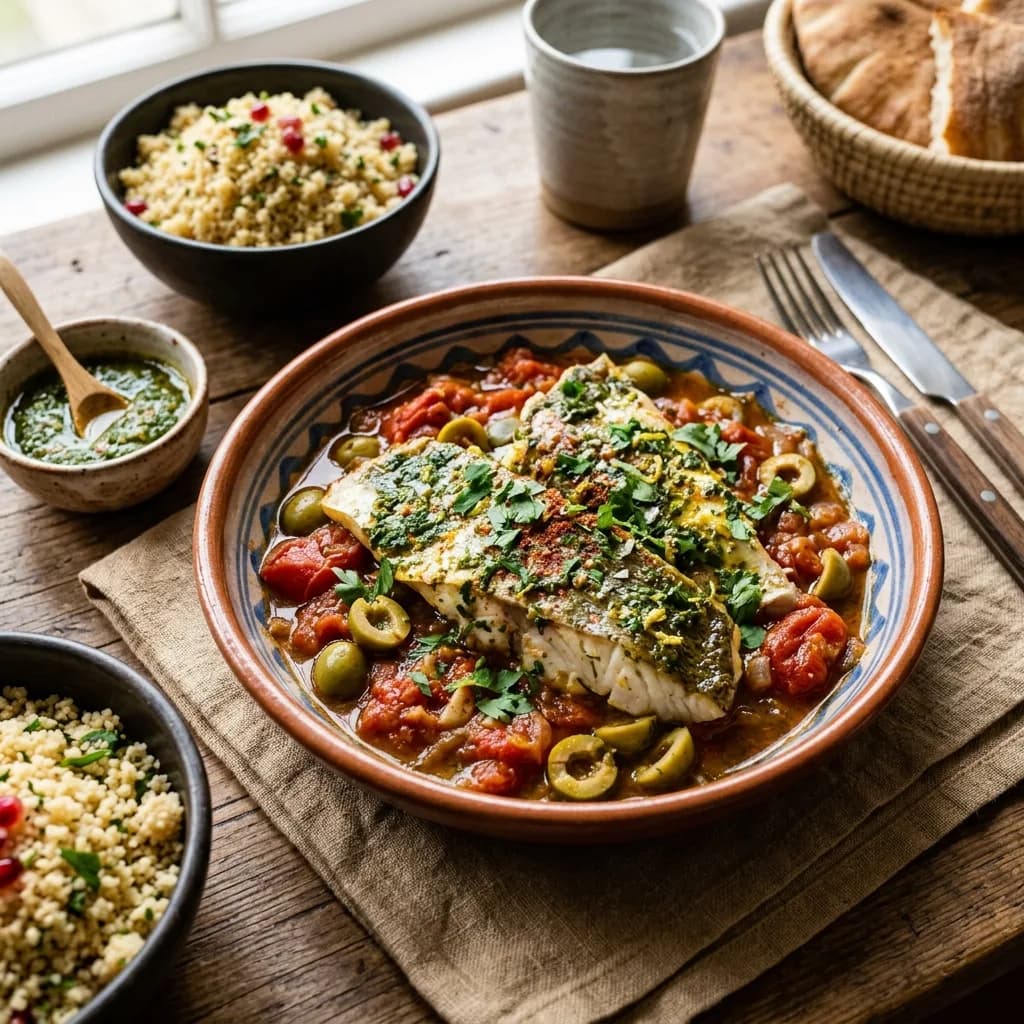 Recipe cover: Moroccan Chermoula Braised Sea Bass Fillets With Tomatoes And Green Olives