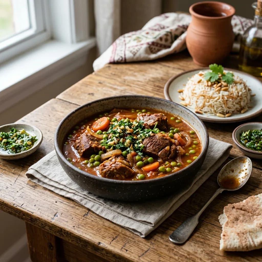 Recipe cover: Lebanese Braised Lamb And Pea Stew With Garlic Cilantro Teshwena