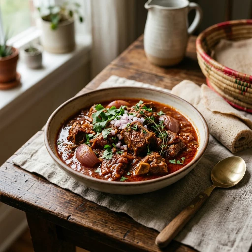 Recipe cover: Ethiopian Korarima Braised Goat Stew With Red Shallots