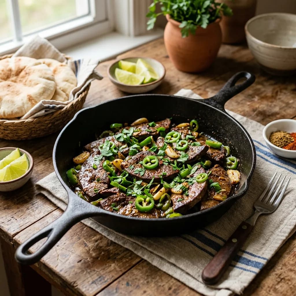 Recipe cover: Egyptian Alexandrian Beef Liver Skillet With Green Chiles