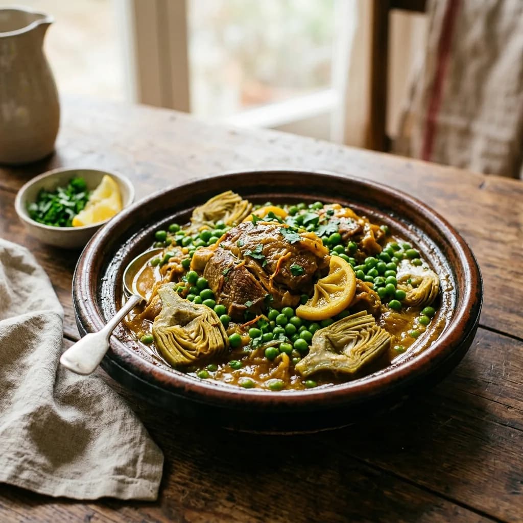 Recipe cover: Moroccan Braised Lamb With Green Peas And Artichoke Hearts