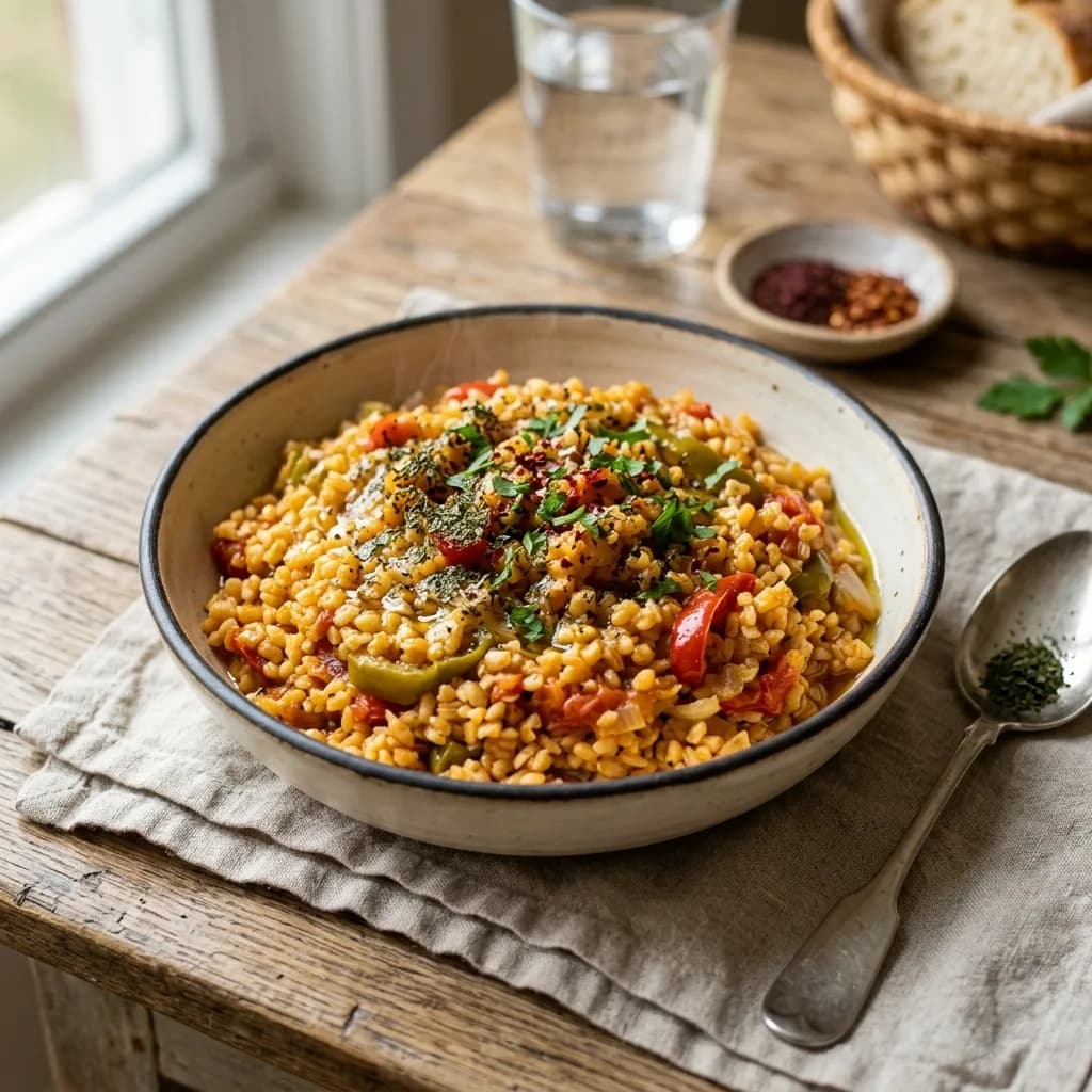 Recipe cover: Turkish Bulgur Pilaf With Sweet Peppers And Tomatoes