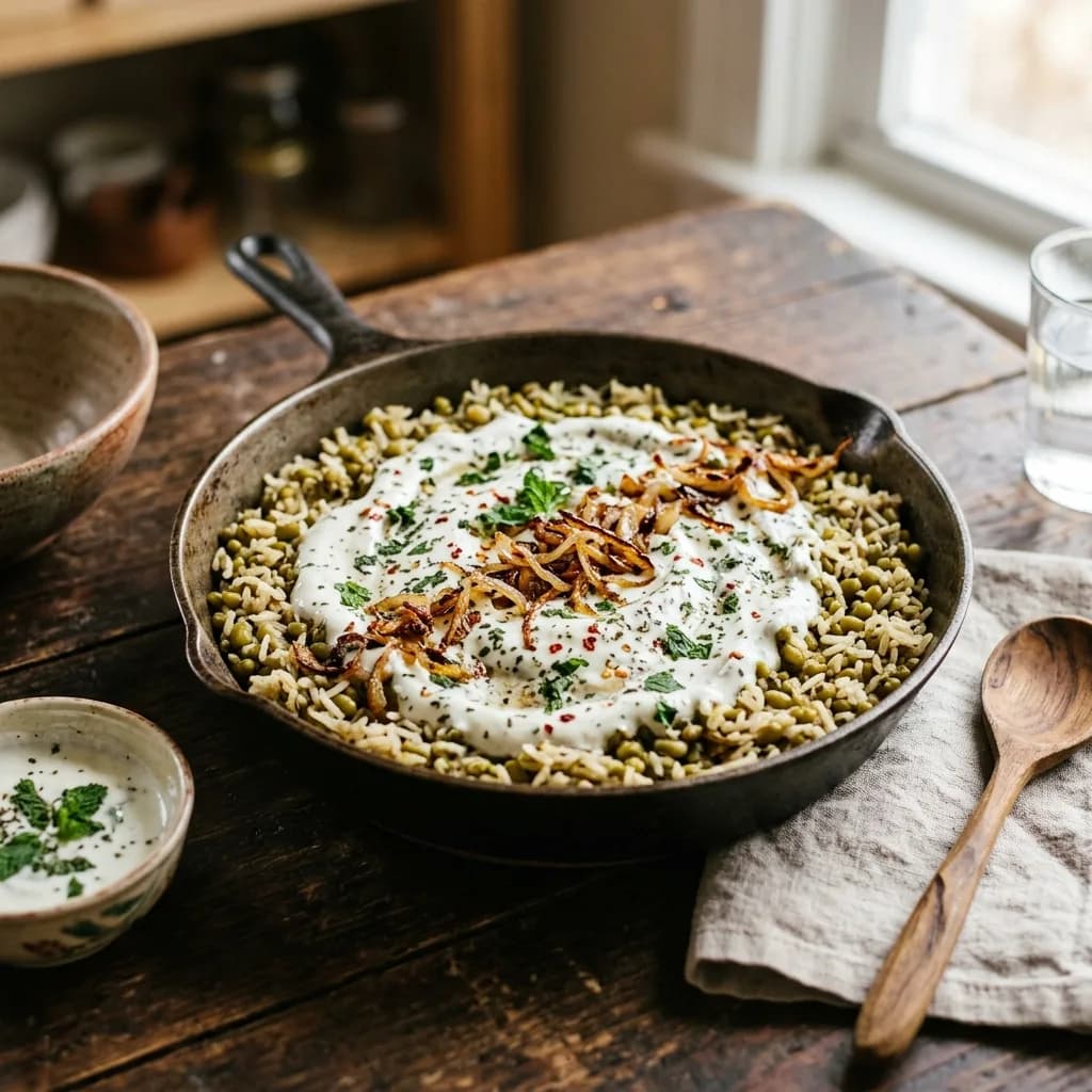Recipe cover: Afghan Garlic Yogurt Topped Mung Bean And Rice Skillet