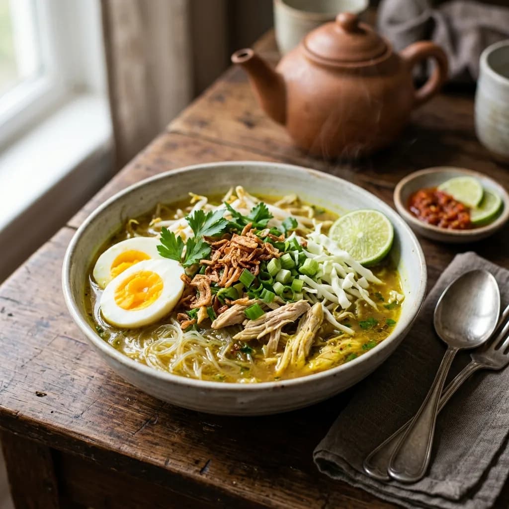 Recipe cover: Soto Ayam Ambengan (Javanese Turmeric Chicken Noodle Broth)