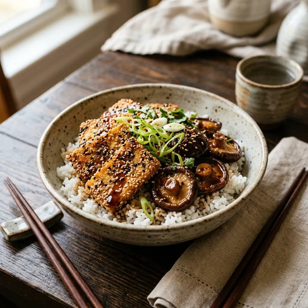Recipe cover: Sesame Tofu And Shiitake Donburi