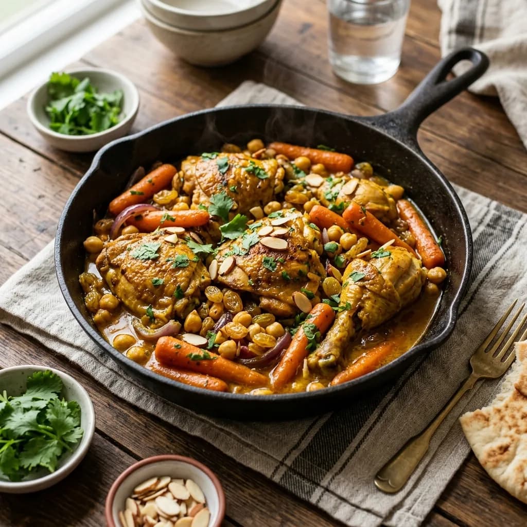 Recipe cover: Moroccan Saffron Chicken Skillet With Sweet Carrots And Raisins
