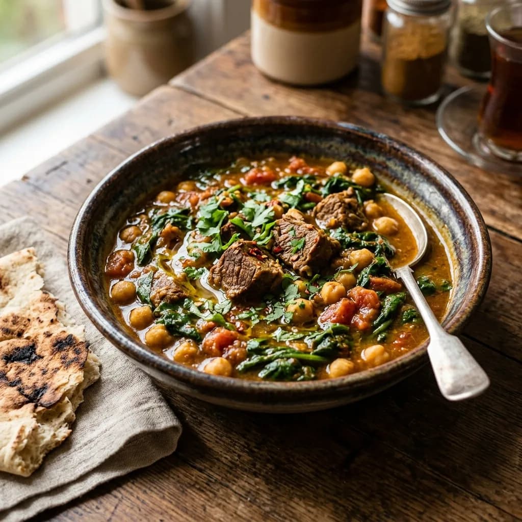 Recipe cover: Egyptian Spiced Beef And Spinach Stew With Chickpeas