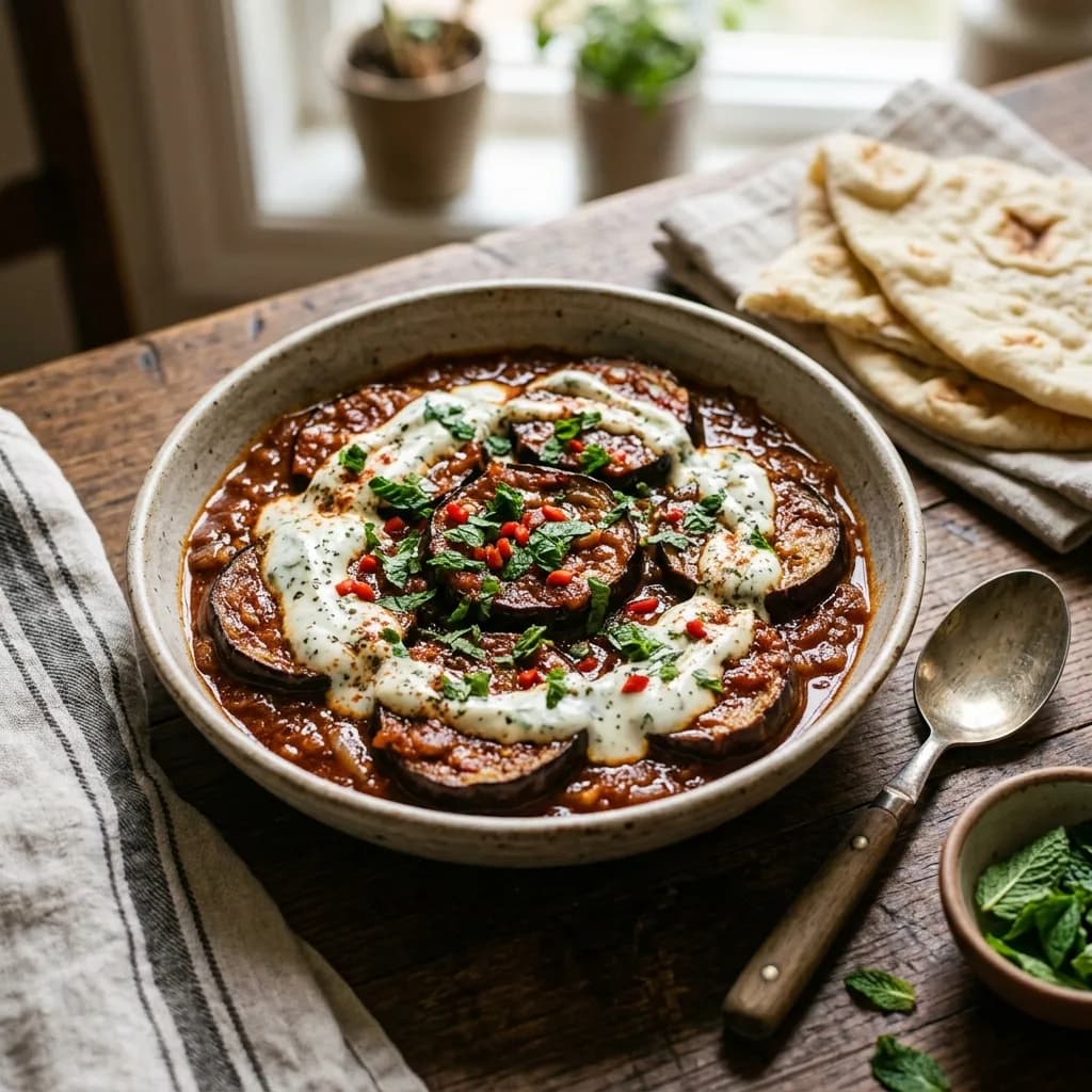 Recipe cover: Afghan Tomato Braised Eggplant With Garlic Mint Yogurt