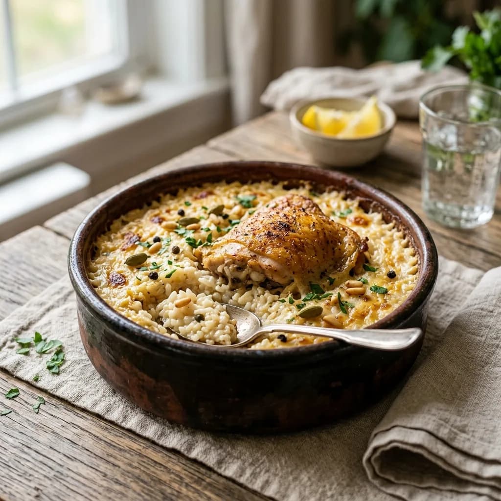 Recipe cover: Egyptian Baked Cream And Cardamom Chicken Rice