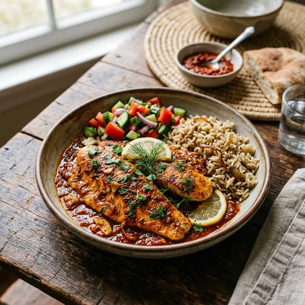 Recipe cover: Palestinian Cumin Braised Red Snapper Fillets With Gazan Red Pepper Paste