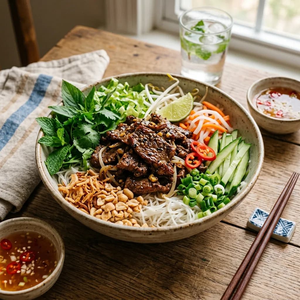 Recipe cover: Vietnamese Garlic Black Pepper Beef Noodle Salad Bowl