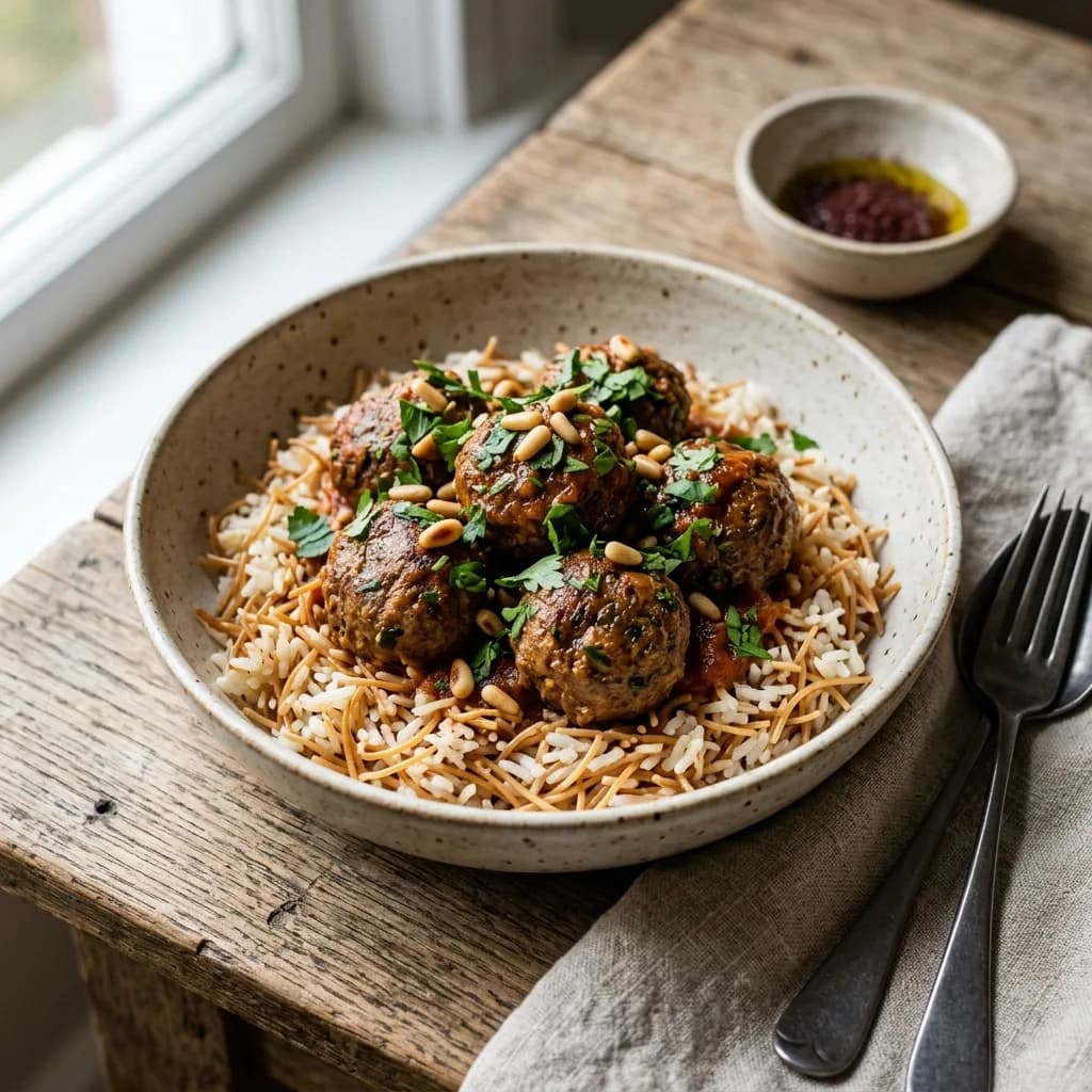 Recipe cover: Egyptian Cardamom Spiced Beef Meatballs With Vermicelli Rice