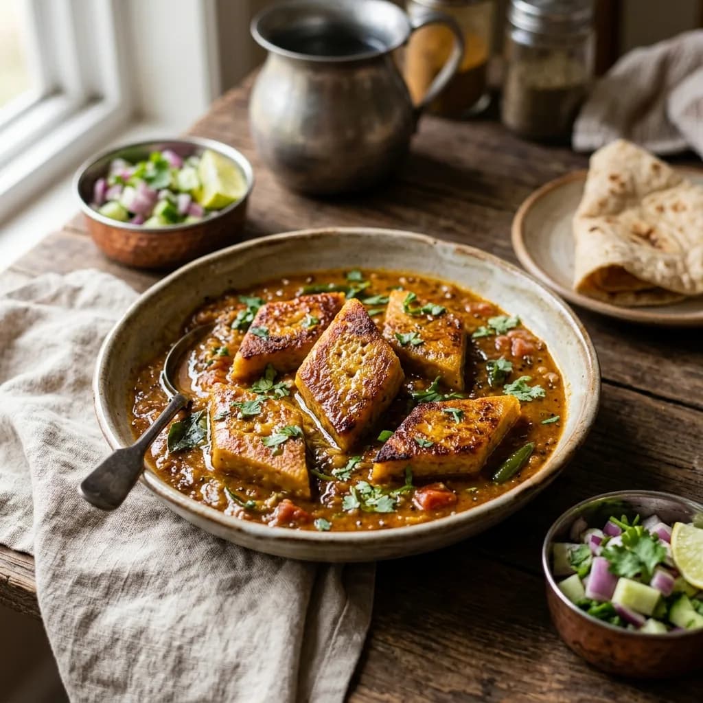Recipe cover: Bengali Spiced Chana Dal Cakes In Cumin Tomato Gravy