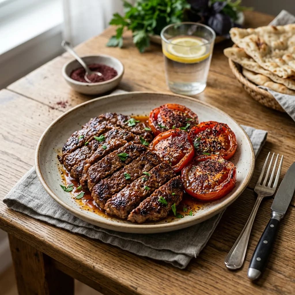 Recipe cover: Iranian Pan-Seared Beef Patties With Sumac Tomato Glaze