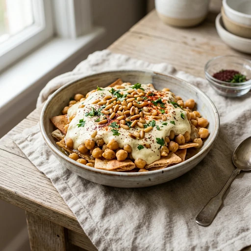 Recipe cover: Lebanese Warm Chickpea Fatteh With Garlic Yogurt And Toasted Pine Nuts