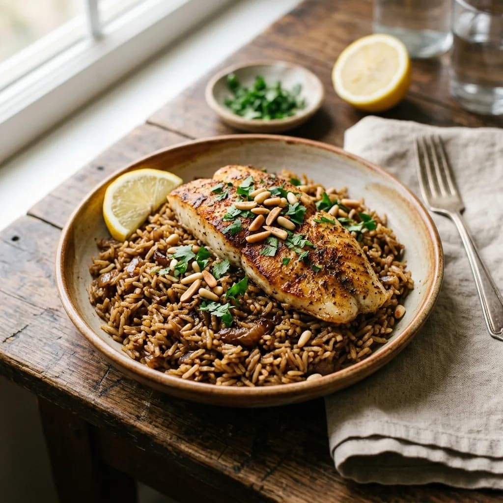 Recipe cover: Egyptian Sayadieh Seared White Fish With Browned Onion Rice