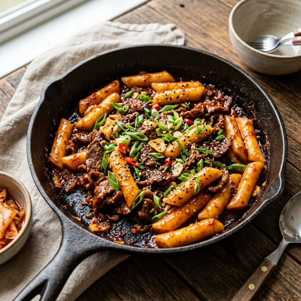 Recipe cover: Korean Garlic Scallion Beef Tteokbokki Skillet