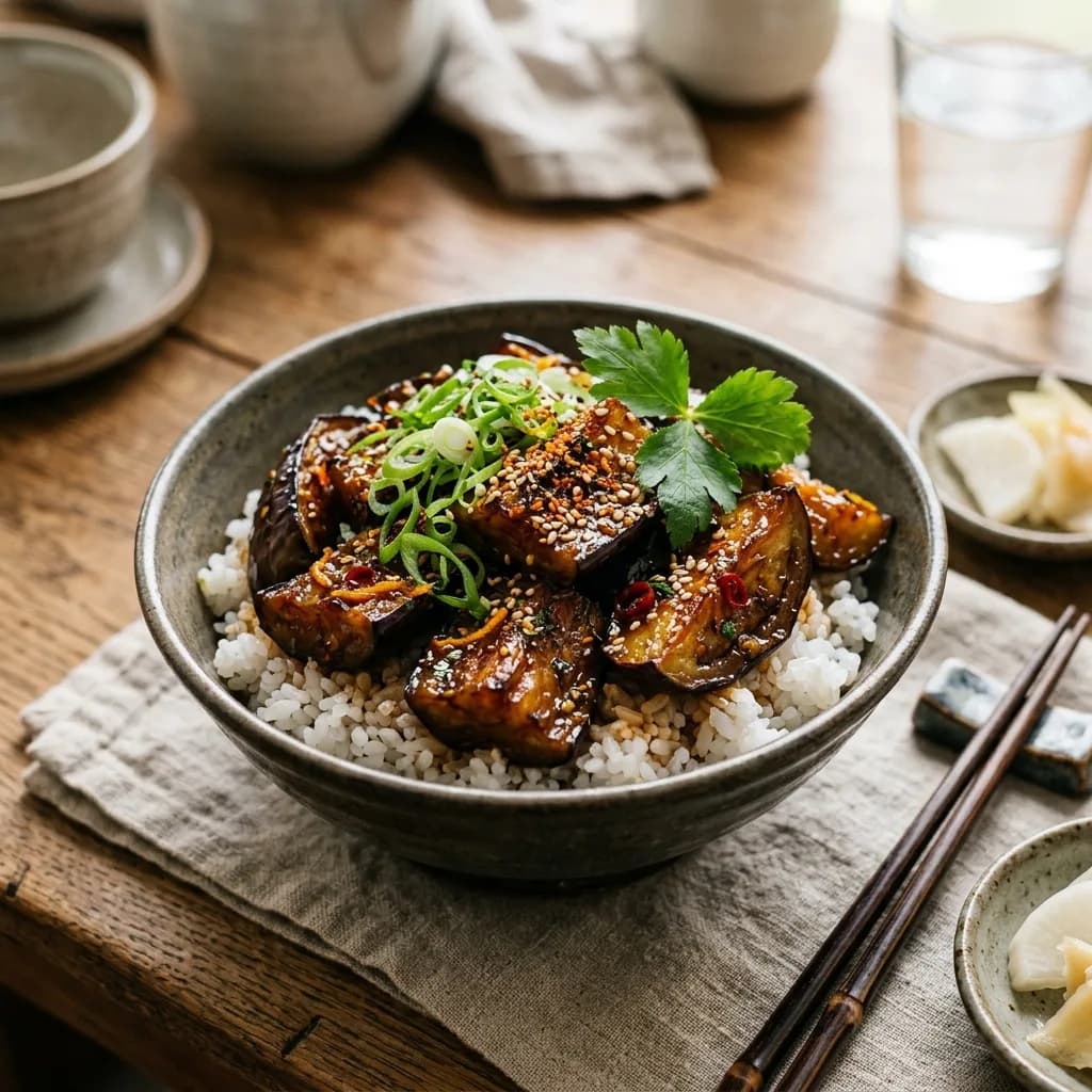 Recipe cover: Seven-Spice Glazed Japanese Eggplant Donburi
